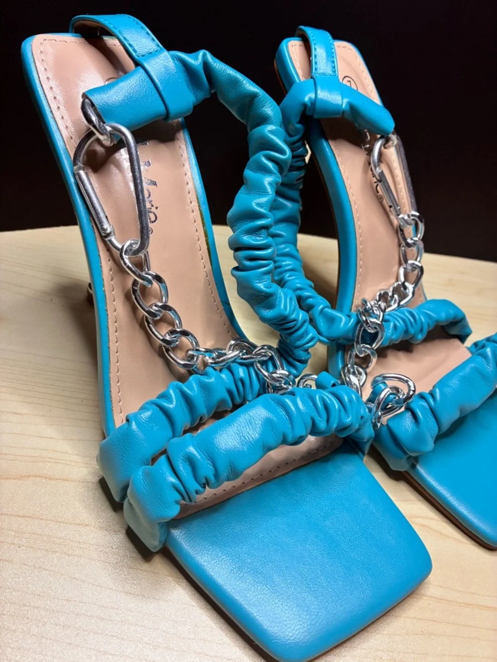 Turquoise Ruched Chain Strap Square-Toe Heels - Picture 1 of 7